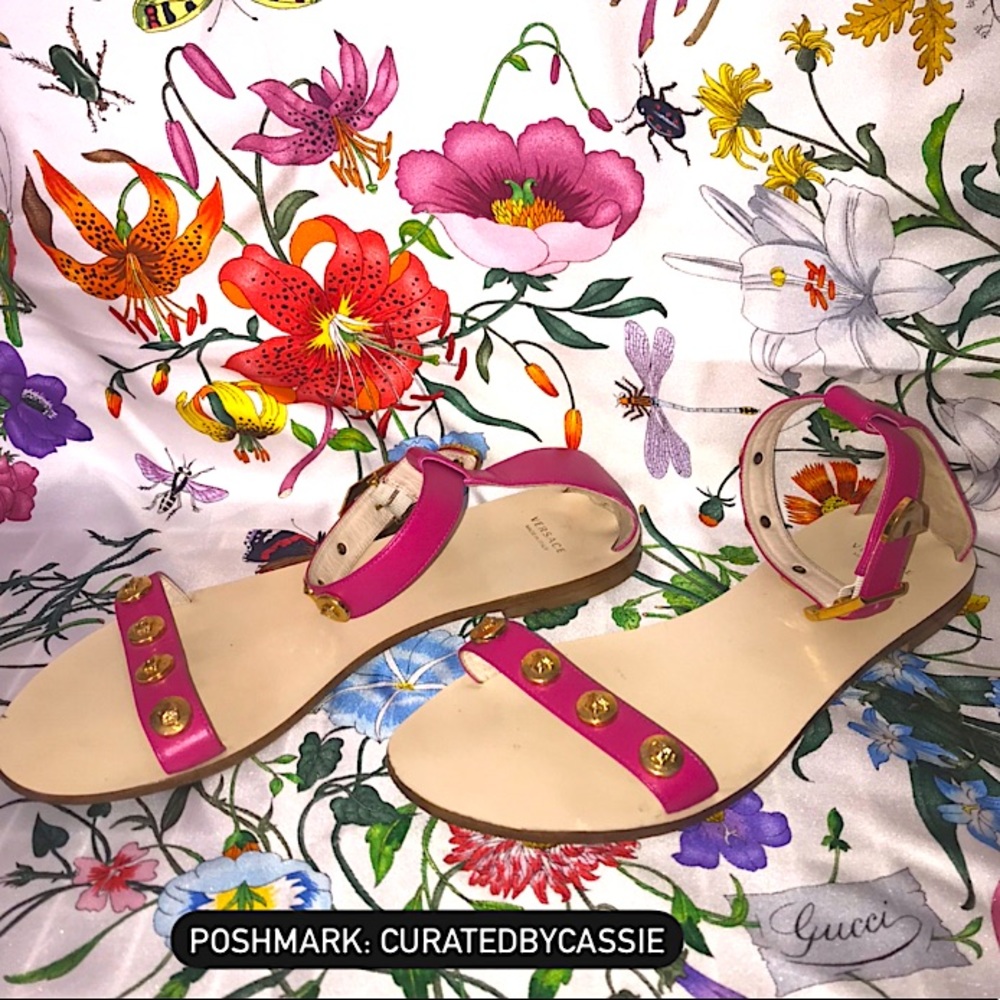 Versace Pink Gold Studded Leather Flat Sandals